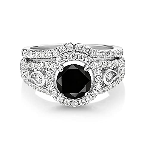 Gem Stone King 925 Sterling Silver Round Black Diamond and White Moissanite Wedding Engagement Ring Band Bridal Set For Women (1.84 Cttw, Available In Size 5, 6, 7, 8, 9)3