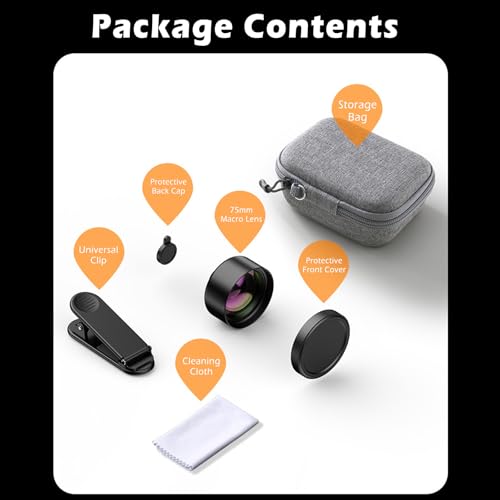 【2025 Upgraded】 75mm Macro Lens for iPhone, Pixel, Samsung Galaxy, OnePlus, Huawei, and Other Phones, Phone Camera Lens Macro Lens Attachment for iPhone, Universal Clip Included