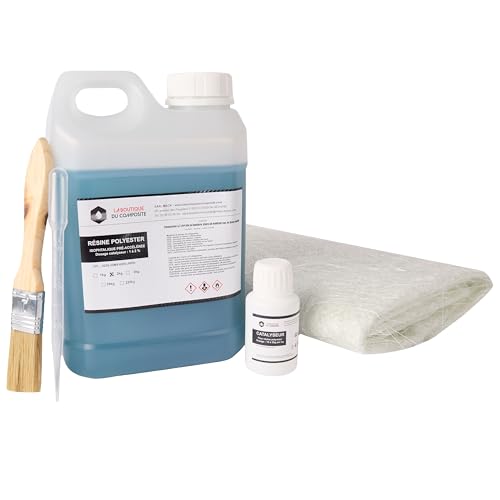 Kit de Résine Polyester 2kg avec 60g de Catalyseur, 2m² de Mat de Verre 300g - Inclus Pinceau et Pipette - Idéal pour Projets de Réparation et Créations...