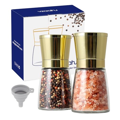 Vzaahu Salz und Pfeffermühlen 2er-Set mit Keramikkern,Zimt,Einstellbare Grobheit,Farbe Goldene,Tragbare,Nachfüllbare Gewürzmühlen,Geburtstag in der Küche,Einweihungsgeschenke