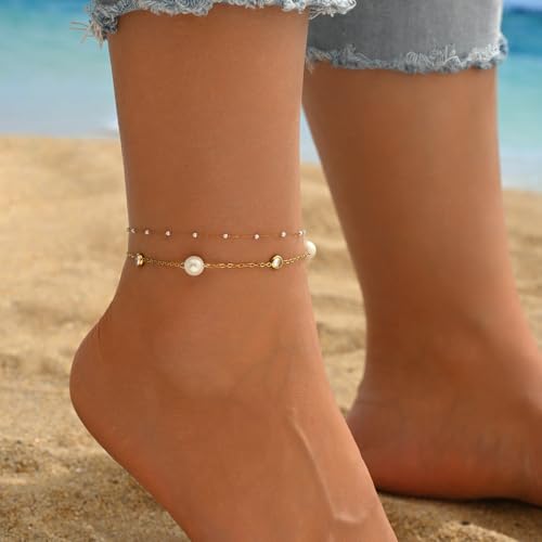Image of NONAMOIS 18K Gold Plated Diamond Ankle Bracelets for Women Waterproof Gold CZ Pearl Bow Link Chain Anklets Non Tarnish Summer Beach Foot Jewelry Gifts