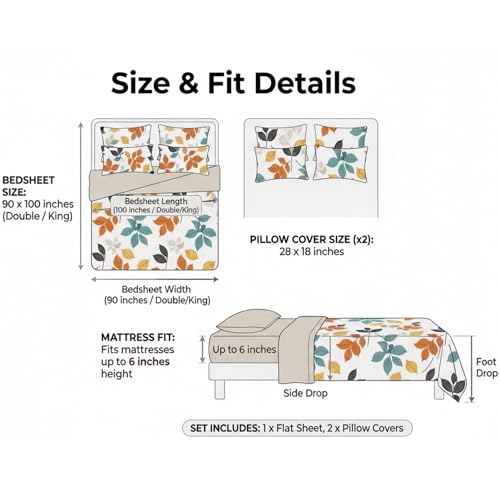 Image of Bedsheet for Double Bed King Size | 90 X 100 Inch Bed Sheet with 2 Pillow Covers 18 X 28 Inch | Soft, Wrinkle Resistant, Durable 250 TC Breathable, Skin Friendly | White Floral