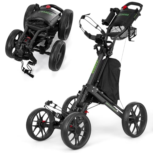 EASEGO Golf Push Cart 4 Wheel : Golf Walking Carts with Phone Holder/Cup Holder/Umbrella Holder/Foot Brake/Cooler Basket 4 Wheel Superlite Golf Pull Cart All-Terrain Golf Caddy Carts(Black) by EASEGO - Used condition - US$195.90