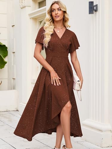 Image of Long Black Formal Dresses for Women Gowns Evening Party Cocktail Dress,Split Elegant V Neck Wrap Ruffle Wedding Guest Dresses