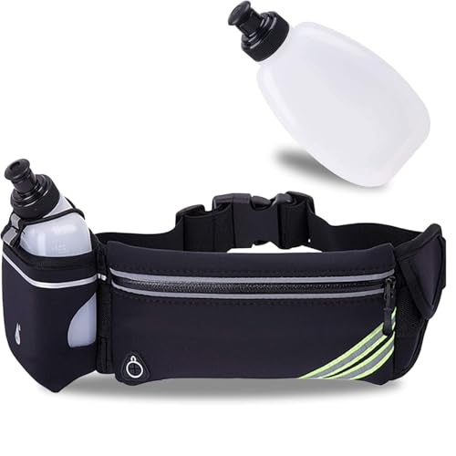 Running Belt Bag with Foldable Water Bottle Holder & Bottles Included | Large Water-Resistant Waist Pack with Phone Pocket | Hydration Fanny Bag for Men & Women