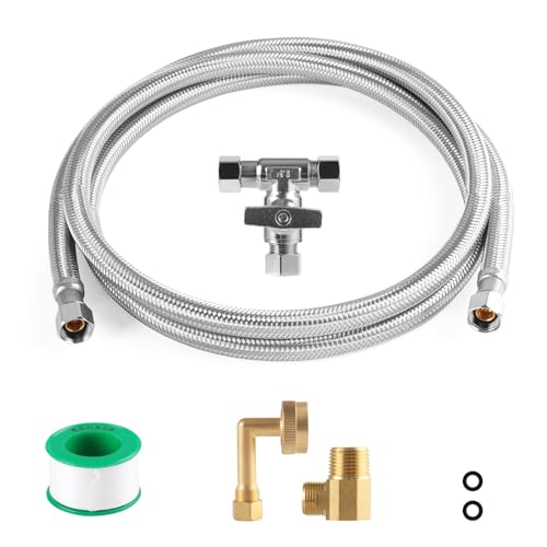 KEOKLE Dishwasher Installation Kit, 10ft,Dishwasher Water Supply Line, Stainless Steel Braided Burst Proof Hose ⅜"by⅜" Kit With Tee Stop Valve