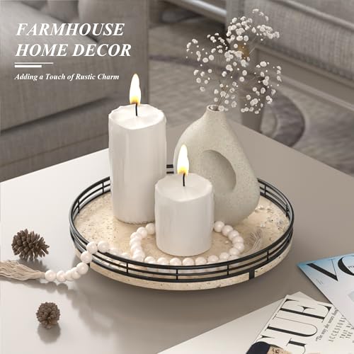 Image of Italian Natural Travertine Lazy Susan Turntable for Table Top - 10 inch Round Marble Tray Organizer for Bathroom, Vanity, Dining Table, Kitchen Countertop & Bar, Luxury Stone Serving Tray with Black Frame