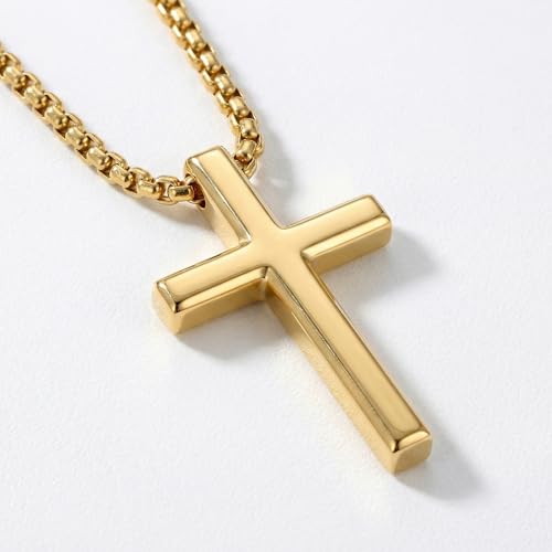 Image of 14K Gold Cross Necklaces for Men,Crosses Pendant Necklace for Mens Minimalist Religion Jewelry Chunky Box Chain 24in