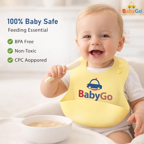 Image of BabyGo Silicone Bib for Feeding & Weaning | Adjustable Neckline with Buttons | BPA Free | Waterproof | Washable & Reusable | 0-24 Months | Soft, Mess Proof Baby Feeding Bib | Yellow | Pack Of 1
