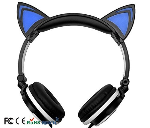 LM Glowing Cat Ear Headphones, Gifts For Her Over-Ear Foldable Headsets Kids Cosplay DJ Fancy Gaming Earphone for iPhone, Android Mobile Phone, PC, Macbook