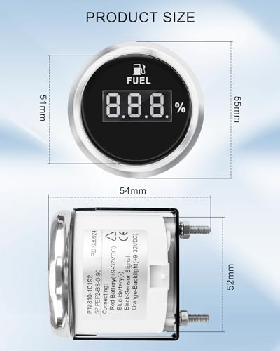 Image of 0-90 ohm Boat Fuel Gauge, Waterproof Marine Fuel Level Gauge, Gas Fuel Tank Meter Gauge for Car RV Truck Vehicle, with 52mm Dial & LED Backlight & Digital Display, Black