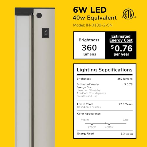 Image of GETINLIGHT 12-Inch Plug-in Swivel LED Under Cabinet Light, 2-CCT, Nickel | 2700K warm white /4000K bright white, dimmable, brushed nickel finish. Model: IN-0109-2-SN