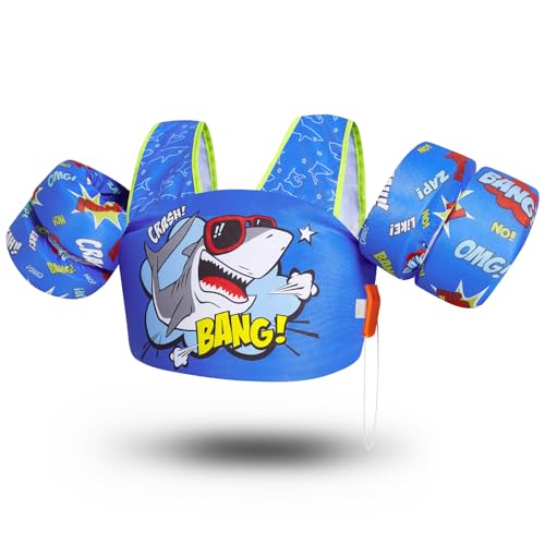 Zeraty Kinder Schwimmflügel für Kleinkinder Floaties Kinder Schwimmen Arm Band mit Schulter Harness Arm Wings, Schwimmen Aids Jacke für 20-50 lbs/2-6 Jahre alt Jungen/Mädchen (Hai (mit Pfeife))