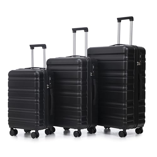 Hardshell Luggage Set of 3, 20/24/28 Inch Spinner Suitcases, Black, TSA Lock, 360° Wheels