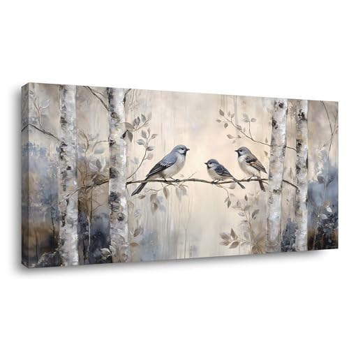 Serene Birds on Branch Wrapped Canvas Gallery Wall Art Large Size Print Vintage Birch Tree Painting Artwork Neutral Farmhouse Nature Decor for Living Room Bedroom Bathroom, Ready to Hang (46x23 Inch)
