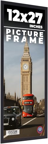12x27 Frame Black Real Wood Picture Frame Width 0.75 Inches | Interior Frame Depth 0.5 Inches | Noir Classique Mid Century Photo Frame Complete with UV Acrylic, Foam Board Backing & Hanging Hardware
