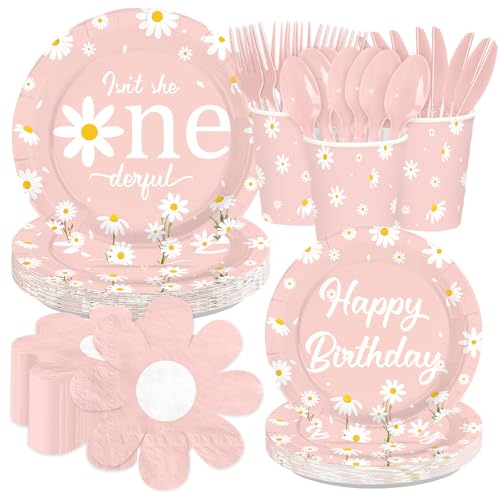 Greencian 168Pcs Daisy 1st Birthday Party Decorations for Girls Serves 24