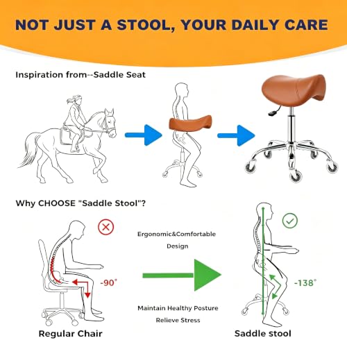 Image of Saddle Stool, Adjustable Ergonomic PU Leather Rolling Drafting Chair, Brown | 360 Swivel wheels, Height adjustable, Multi-use for Salon, Lab, Tattoo, Massage & Clinic