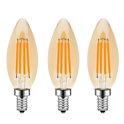 HUAMu E14 Vintage LED Filament Amber Retro Bronze Bulbs 4W, 40W Incandescent, 2700K Warm White, C35 Candle Glass Antique for Chandeliers, Wall Lamp, Non-Dimmable, 3-Pack