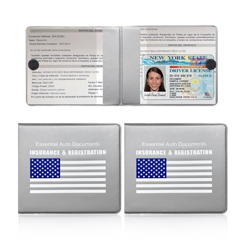 YTFRL 2 PCS Car Registration Insurance Holder, Waterproof Vehicle Glove Box Document Organizer with Closure, Auto Essential Cards Driver License Holder for Most Cars Trucks SUVs (Gray, Blue Flag)