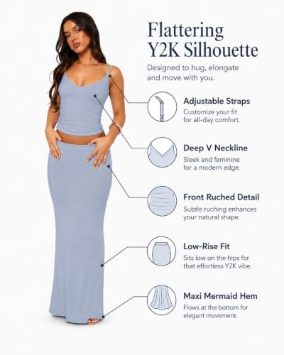 Image of Two Piece Skirt Set Women Maxi Long Skirt and Top Outfit | Soft stretchy 5 pc, slim bodycon, adjustable spaghetti straps, ruched crop tank, elastic waist, going out, beach vacation