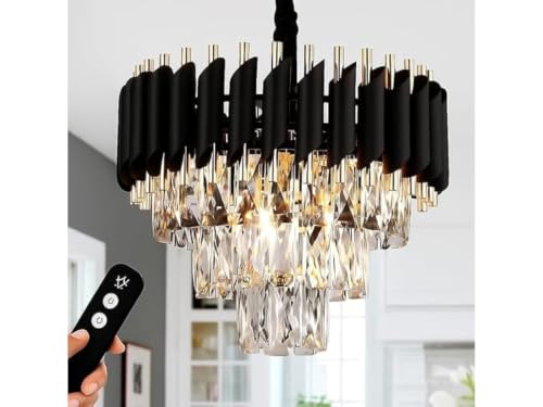 Image of Modern Black & Gold Crystal Moving Chandelier, 400mm (40 Cm. (15.7 Inch) Round LED Pendant Light with Remote Control, Multicolour changing ,Luxury Contemporary Ceiling Light Fixture For decoration A