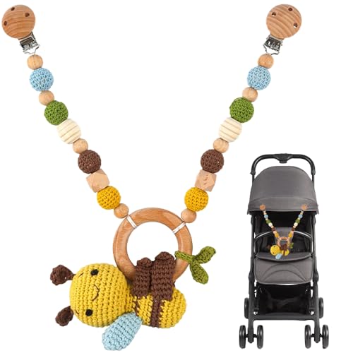 XEERUN Kinderwagenkette, Kinderwagenkette aus Holz und Baumwolle gehäkelt, Montessori Neugeborenen Spielzeug Kinderwagenspielzeug, Kinderwagendeko, Kleine Biene
