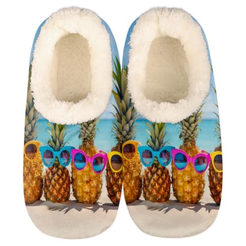 Summer Pineapple Family House Slippers for Women Men, Pineapple Beach Fuzzy Soft Cozy Non Slip Slipper Socks
