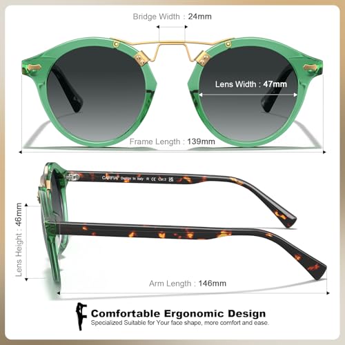 Image of CARFIA Double Bridge Small Acetate Sunglasses for Women Polarized, Retro Metal Brow Ladies Sunnies Fashion Round Eyewears