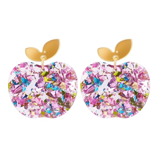 Teachers Day Earrings for Women Cute Pink Apple Glitter Acrylic Stud Earrings Teacher Appreciation Birthday Holiday Christmas Retirement Gifts for Women Teachers Colleagues