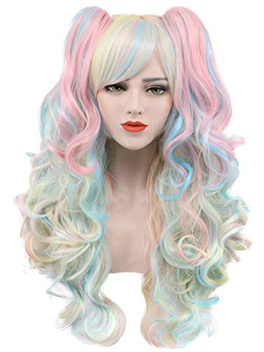 Karlery Women Long Curly Clip on Ponytails Pink Red Multi-colored Wig Halloween Cosplay Wig Anime Costume Party Wig (Wig Cap) (2333+4516+88+1001)