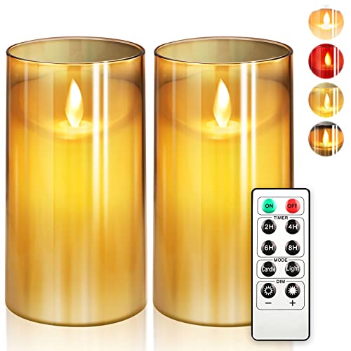 NURADA Flackernde, flammenlose Kerzen: unzerbrechliches Glas, batteriebetrieben, LED-Stumpenkerzen, Acryl-Batterie-Kerzen mit Fernbedienung und Timer, goldfarben Cover
