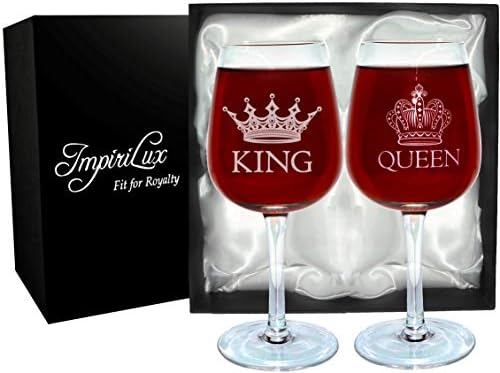 ImpiriLux King and Queen Wine Glass Set | Beautiful Gift for Newlyweds, Engagements, Anniversaries, Weddings, Parents, Couples, Christmas - Novelty Drinking Glassware