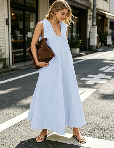 Image of Women Flowy Maxi Dress Ruched Sleeveless Long Dress Vacation Fashion Summer Casual Loose fit Sundress with Pockets Size XS Blue