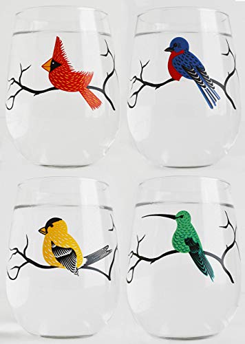 Comparison: Best Bird Stemless Wine Glasses 4 Stemless Wine Glass Set of 4 Birds - Silkscreened Glassware Collection - Bird Watching Gifts
