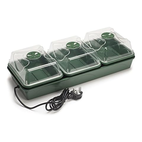 EarlyGrow MPL50034/P Heated Electric Shatter Resistant 3-Bay Windowsill Propagator 54.5 x 21.5 x 14.5 Centimetres - Green Cover