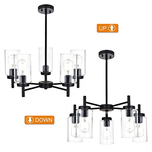 Vinluz 5 Light Contemporary Chandeliers Black Modern Lighting Fixtures Hanging,Industrial Vintage Pendant Lights With Clear Glass Shade Flush Mount Ceiling Light For Dining Room Bedroom #TOP6