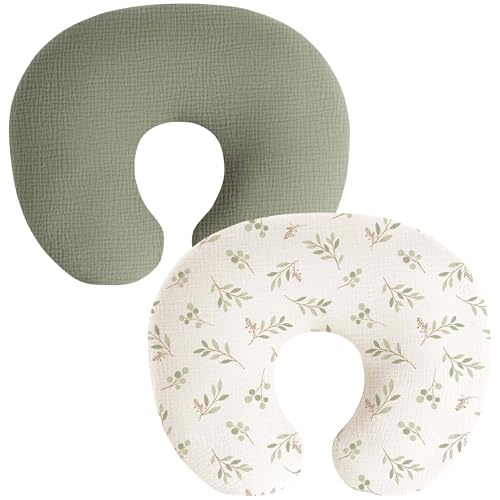 Image of Coreeky Muslin Nursing Pillow Covers, 2 Pack, Soft & Adorable Slipcovers with Zipper Closure, 100% Cotton Covers for Breastfeeding Pillows (Twig, Grayish Green)