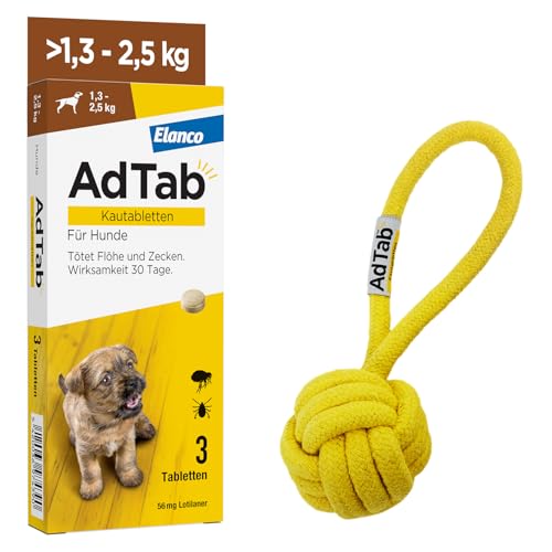 AdTab Promo-Set: Hunde Zecken- und Flohschutz (über 1,3 bis 2,5 kg) mit Wurfball, Kautablette tötet Zecken und Flöhe schnell ab und schützt einen Monat lang, 3 Kautabletten