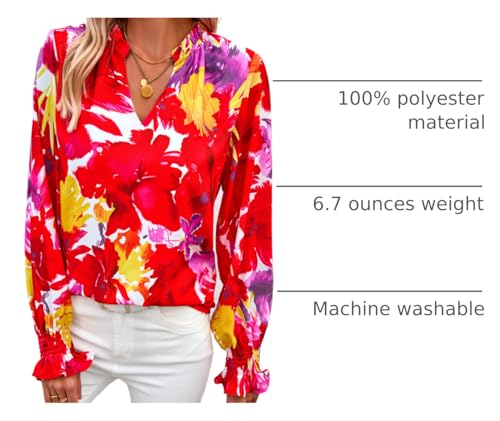 MASCOMODA Womens V Neck Floral Long Sleeve Tops 2025 Summer Casual Loose Puff Sleeve Chiffon Boho Work Blouse Dressy T Shirts