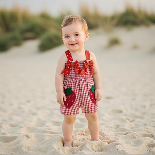 Baby Girls Plaid Shortall Sleeveless Strawberry Embroidery Smocked Romper Jumpsuit with Red Bows Summer Casual Overall4