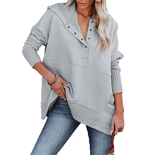 Sweat à capuchon pour femmes avec col boutonné pull décontracté uni