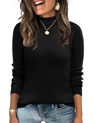 LOMON Womens Sweaters Mock Neck Long Sleeve Dressy Casual Soft Knitted Pullover Sweater Fall Winter Ladies Soft Base Layer Top Black