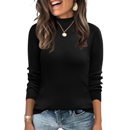 LOMON Mock Neck Tops for Women Long Sleeve Dressy Casual Lightweight Basic Knitted Pullover Sweater S-XL Black Large