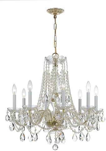 Traditional Crystal 8 Light Hand Cut Crystal Polished Brass Chandelier