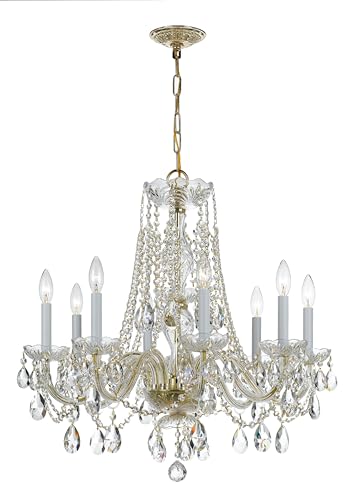 Traditional Crystal 8 Light Hand Cut Crystal Polished Brass Chandelier