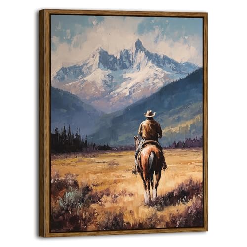 Image of Western Wall Art Vintage Cowboy Framed Canvas Prints Western Home Decor | 16x24 inch Rustic Western Horse Rider Artwork for Living Room Bedroom Office Fall Mountain Landscape Painting Country Wall Decor