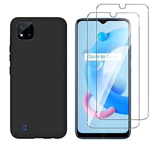 TUTUO [1+2 Stück] Kompatibel mit Realme C11 2021 Hülle + Schutzfolie, Fallschutz, Stoßdämpfende Matte Oberfläche Weiche Slim Silikon TPU Schutzhülle, Anti-Kratzt HD Displayschutzfolie - Schwarz Cover