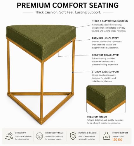 Image of Modern Velvet Triangular Vanity Stool with Gold Metal Frame | Upholstered Makeup Chair for Dressing Table | Accent Seating for Bedroom, Living Room & Home Decor-Olive Green.