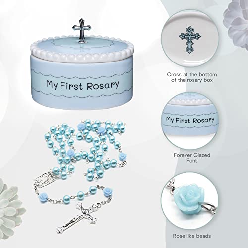 Blue My First Rosary and Keepsake Box, Catholic Baptism Gifts for Boys, Blessed First Communion Gifts for Boys or Girl Christening from Godparents